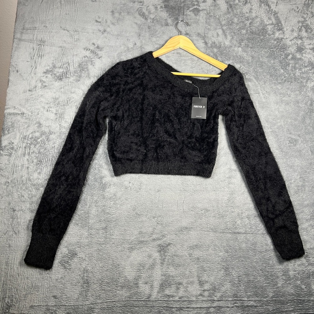 Forever 21 One Shoulder Sweater Womens Large Black Fuzzy Ribbed Trim Crop Winter